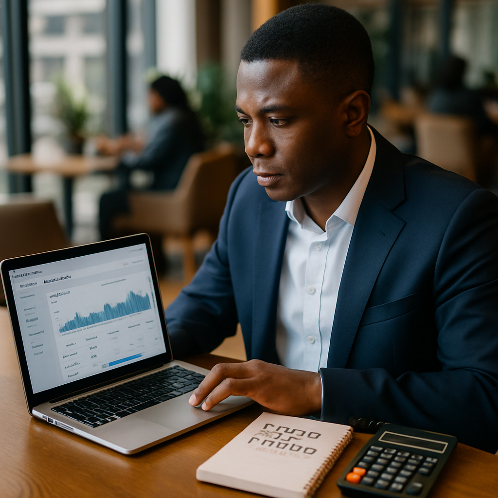 A Nigerian entrepreneur at a café checking Facebook ad performance on a laptop, with a calculator and a notepad showing budget figures in naira.