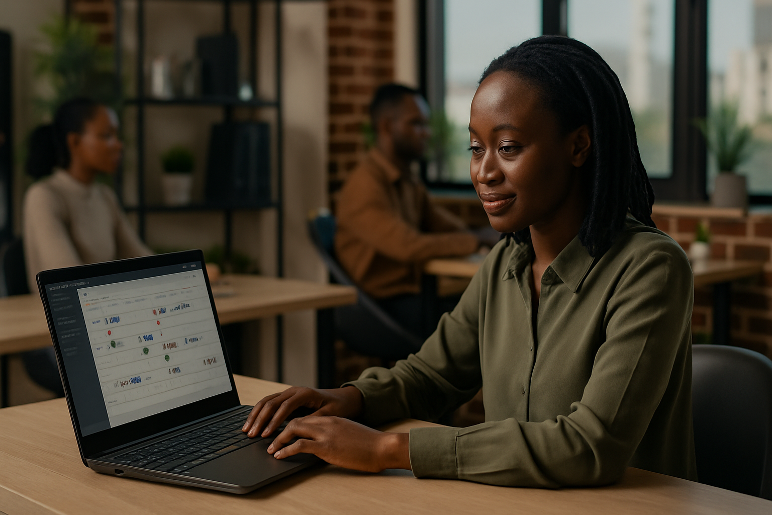 Social media manager scheduling posts for multiple Nigerian brands on a laptop in a creative studio