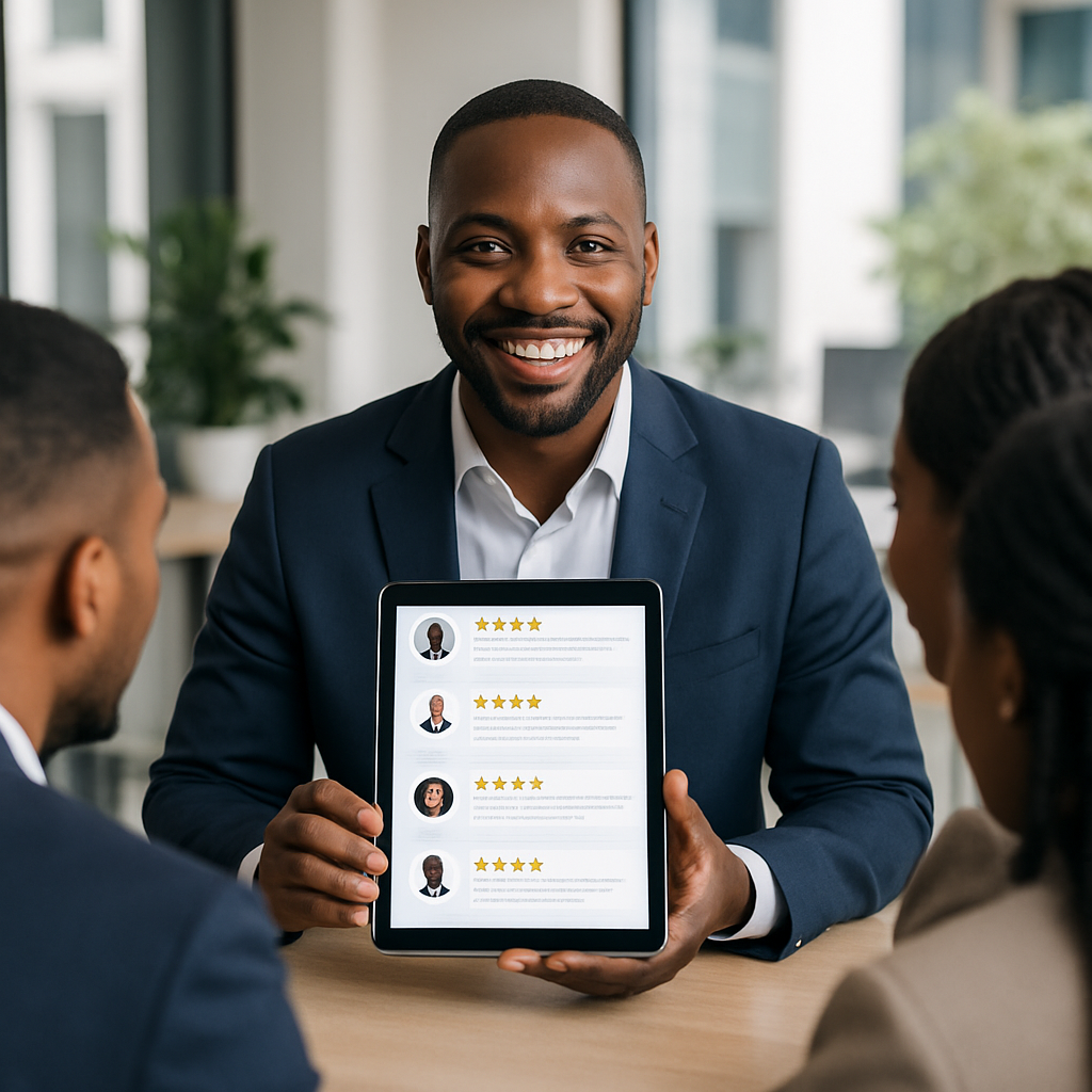 Smiling Nigerian business owner showing satisfied customer testimonials on a tablet to a small group of clients