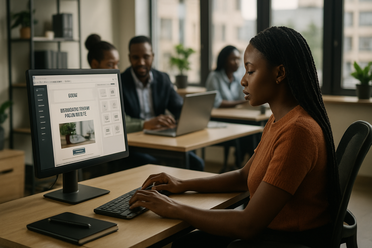 Female entrepreneur in a modern Lagos office designing an email campaign on her desktop, with team members collaborating nearby