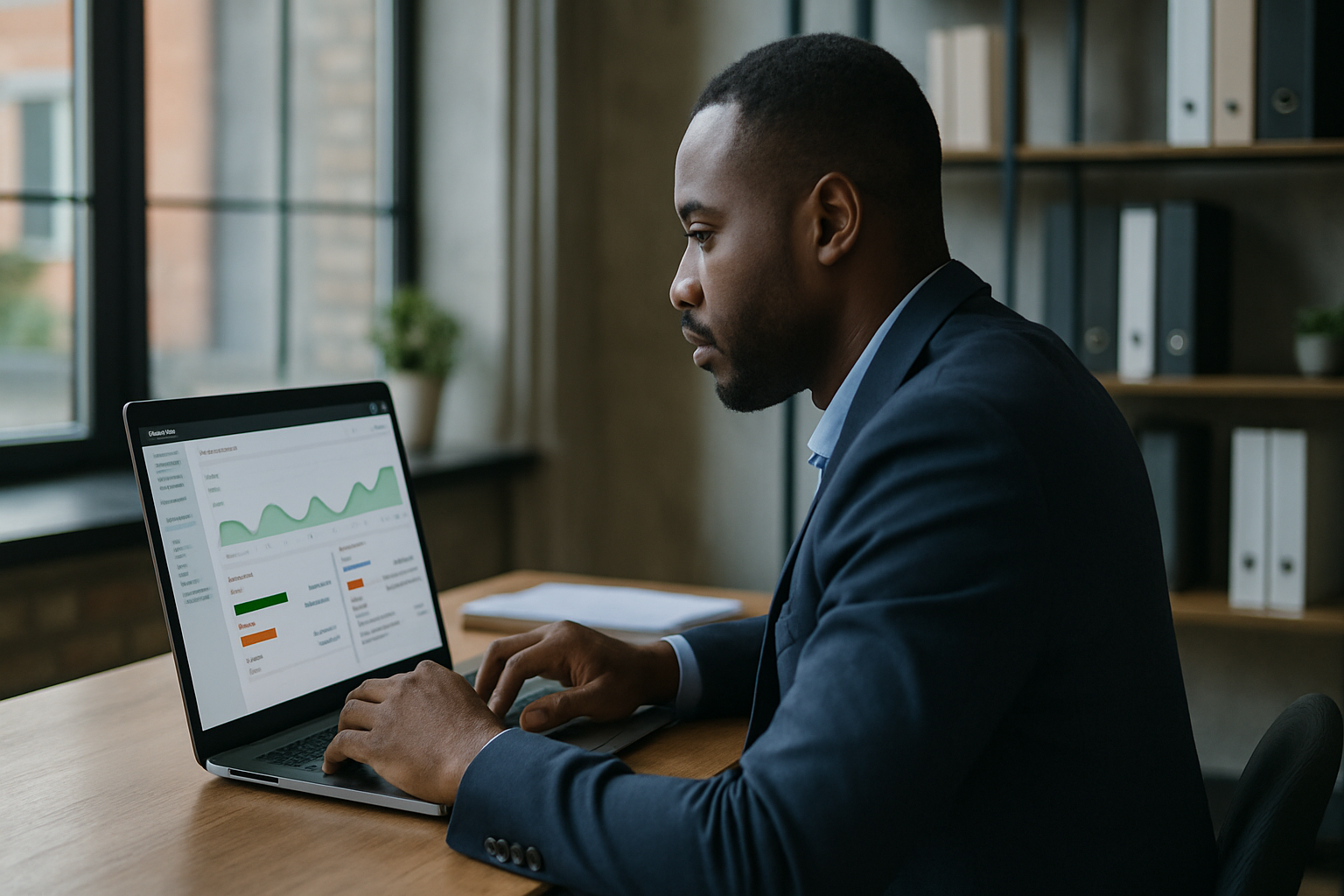 Nigerian accountant reviewing automated financial reports on a laptop in a small business office