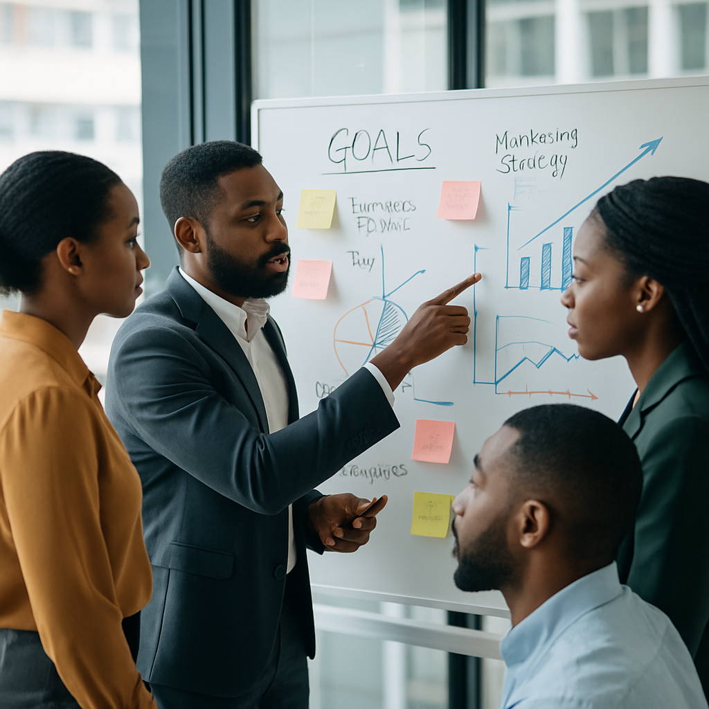 digital marketing mistakes Nigeria - A group of Nigerian SME owners brainstorming on a whiteboard covered with marketing