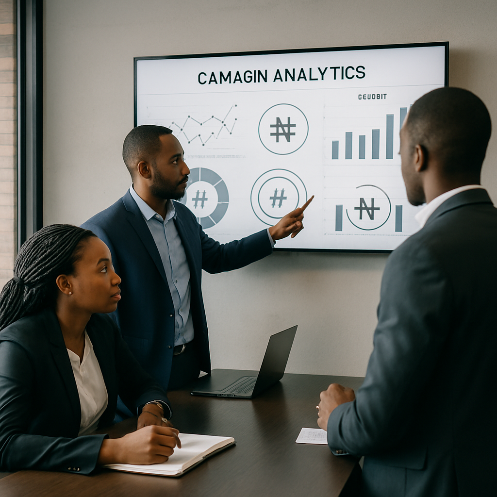 digital marketing ROI Nigeria - Nigerian professionals in a Lagos office reviewing campaign analytics on a large wall-mo