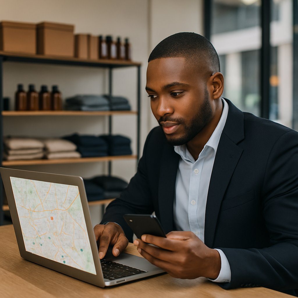 Google Maps ranking Nigeria - Nigerian business owner in a shop holding a smartphone and typing details into a laptop, w