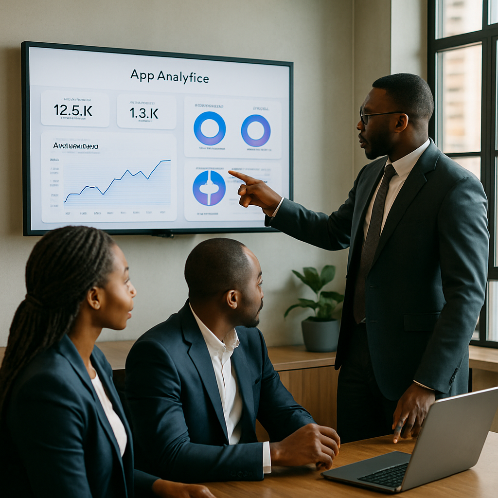 does my business need app - Nigerian professionals in a Lagos office reviewing mobile app analytics on a large screen