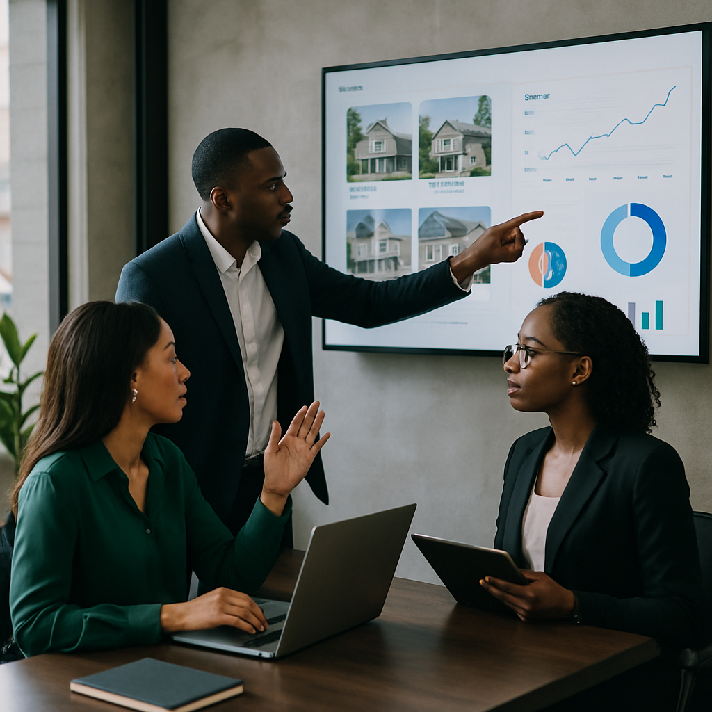 real estate app Nigeria - Nigerian professionals in a Lagos office reviewing property listings and app analytics on a la