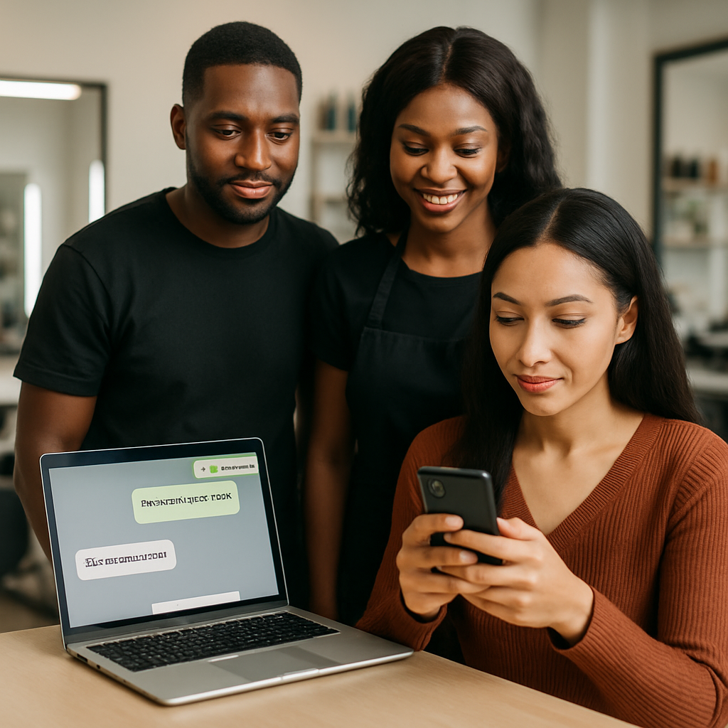 WhatsApp AI booking - Two Nigerian salon owners in a bright Ikeja shop watching as a customer books an appointment via W