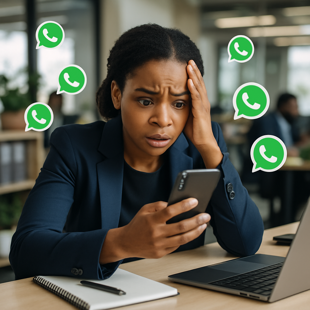 WhatsApp complaint automation - A busy Lagos customer service rep surrounded by WhatsApp notifications, looking overwhel