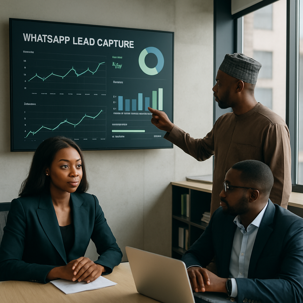 WhatsApp lead capture - Nigerian professionals in a Lagos office reviewing WhatsApp lead capture analytics on a large sc