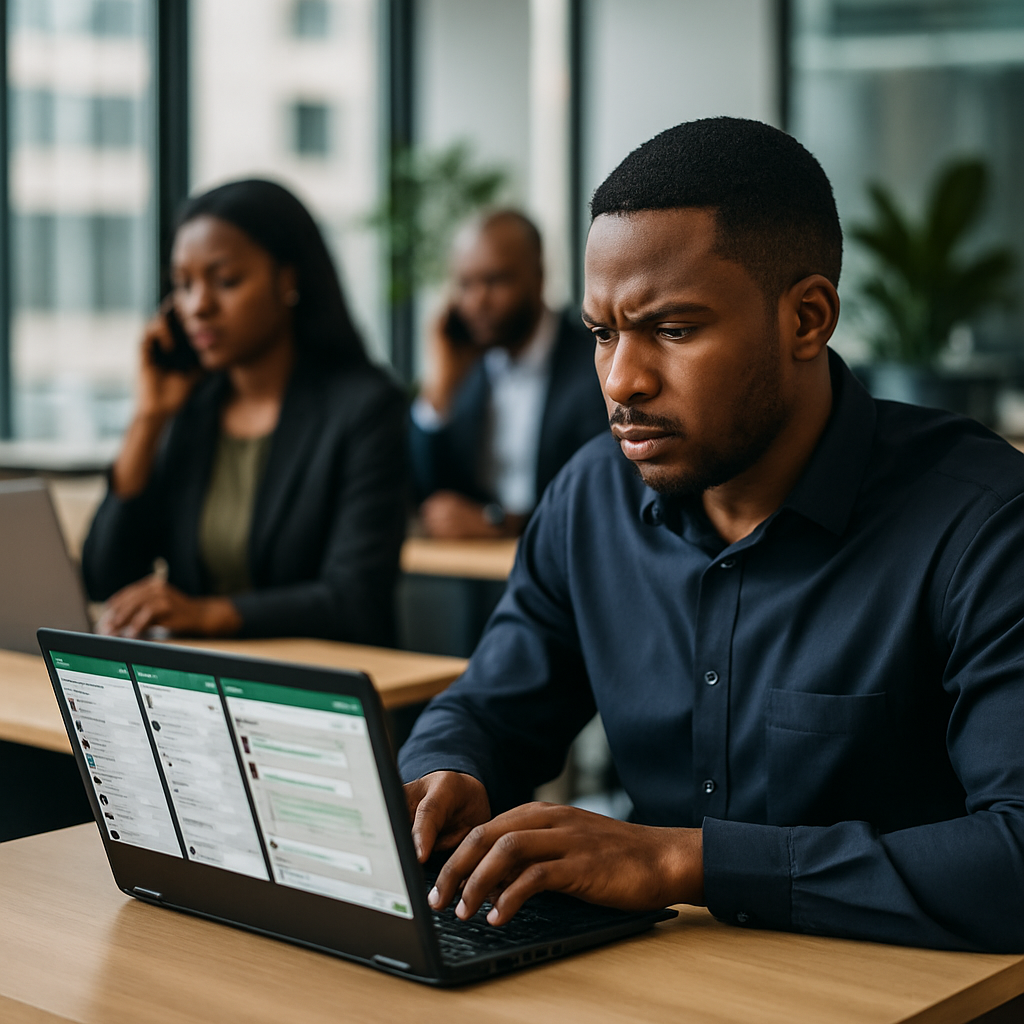 WhatsApp support speed - Nigerian support staff at their desks, checking multiple WhatsApp chats on laptops while custom