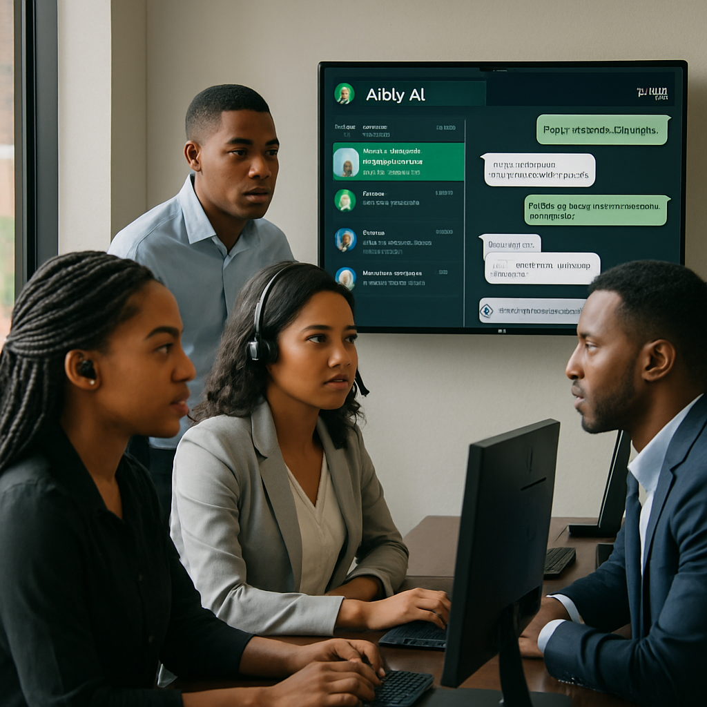 WhatsApp AI bot examples - A group of customer service agents in Lagos monitoring a dashboard as Abby AI handles WhatsAp