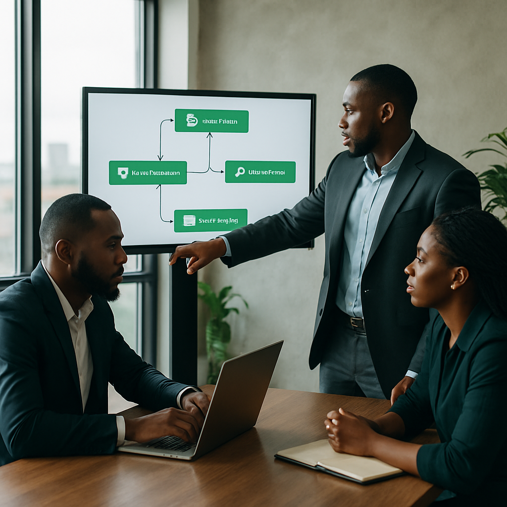 WhatsApp reminder automation - Nigerian professionals in a Lagos office reviewing WhatsApp automation workflows on a lar