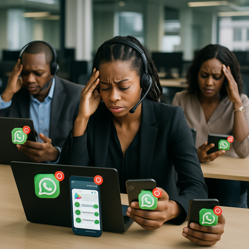 custom WhatsApp AI agent - Three Nigerian customer service agents in an open-plan office, each surrounded by smartphones