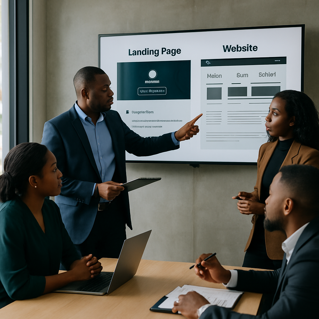 landing page vs website - Nigerian professionals in a Lagos office reviewing a one-page landing page and a multi-page we