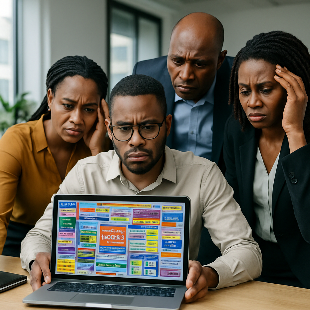 Port Harcourt business website - A team of Port Harcourt business owners and a web designer examining a laptop showing a