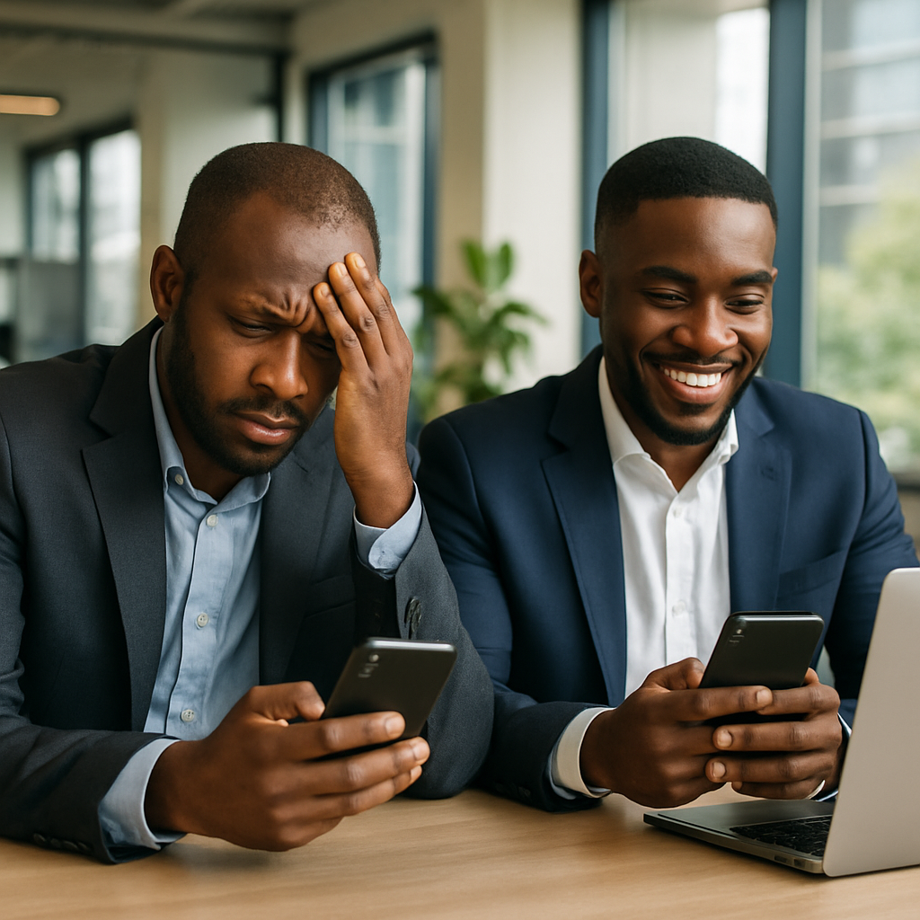 mobile-friendly business website - Two Nigerian entrepreneurs checking their phones, one frustrated by a slow-loading we