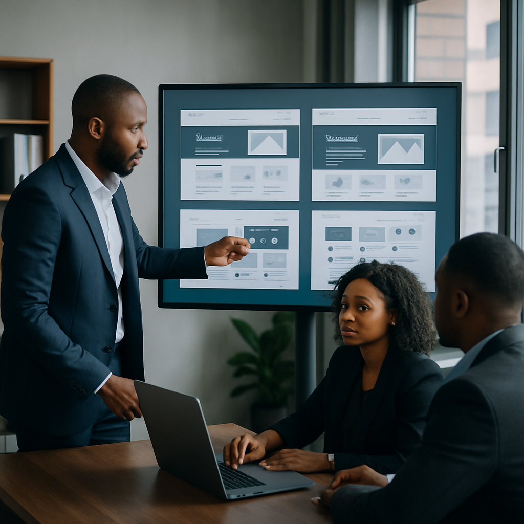 website redesign cost Port Harcourt - Nigerian professionals in a Lagos office reviewing website design mockups on a lar