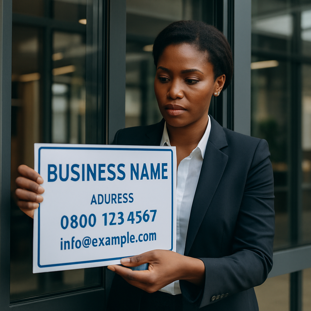 website trust signals Nigeria - A Nigerian SME owner arranging a business sign with contact details outside their shop i