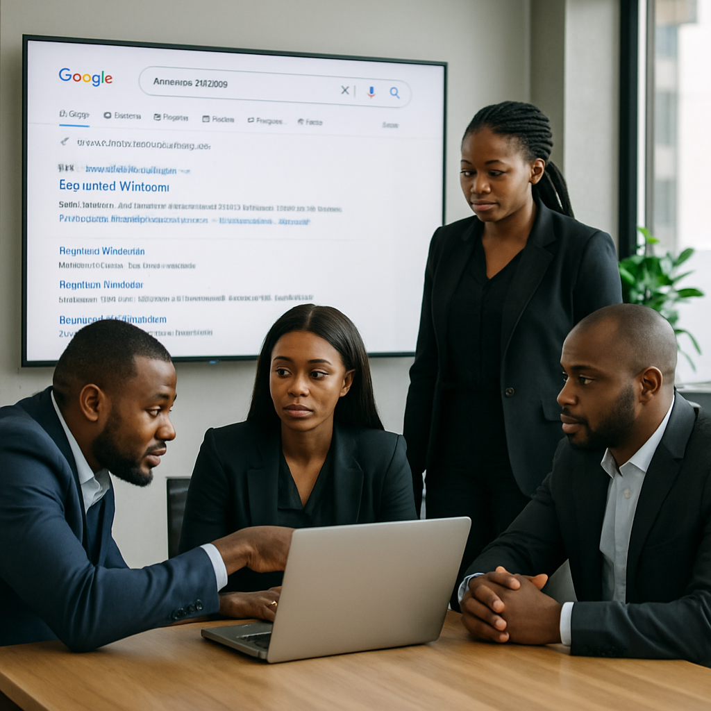 rank on Google Nigeria - Nigerian professionals in a Lagos office reviewing a business website’s Google ranking on a lar