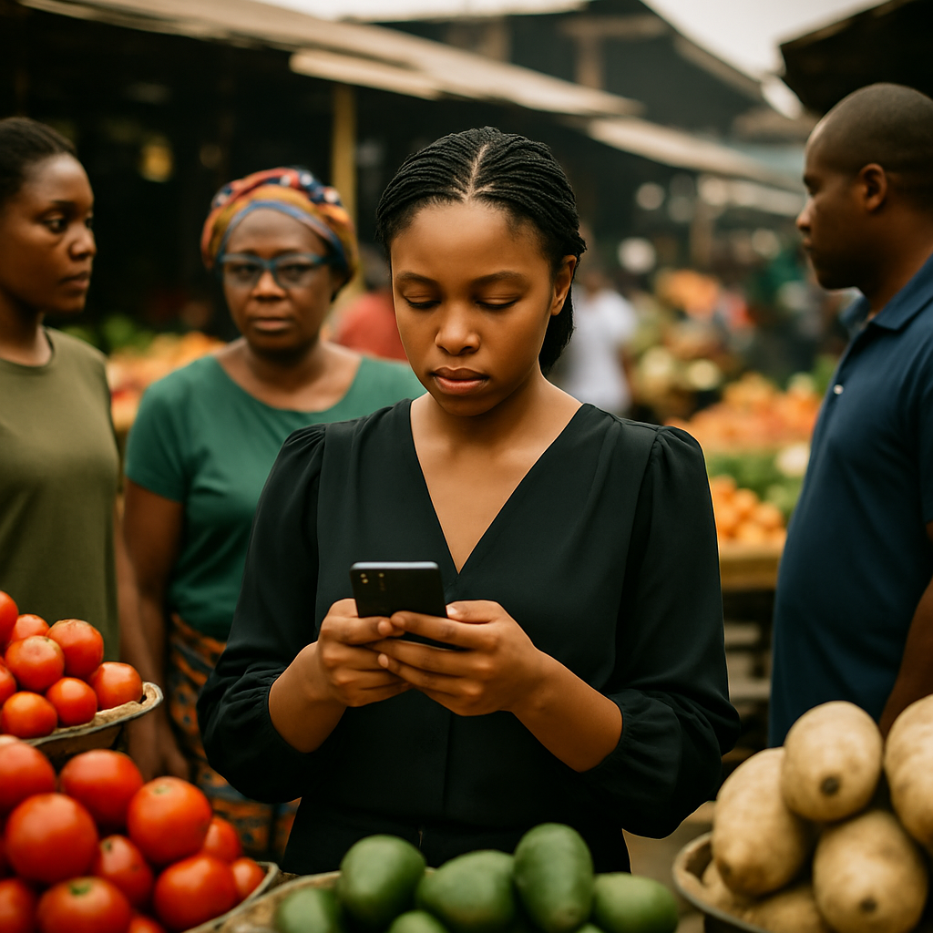 A busy Nigerian market stall where a business owner responds to customer WhatsApp chats on her phone while customers wait
