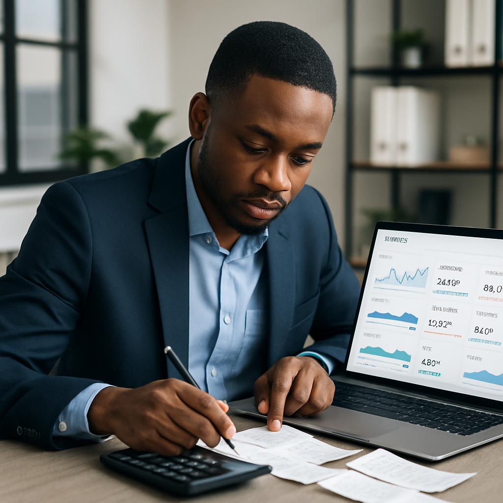A Nigerian SME owner with a calculator, laptop, and receipts, jotting down figures with digital ad reports displayed on their screen