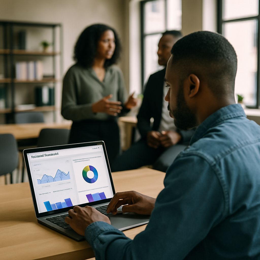 Digital marketer in a Nigerian co-working space analysing Google My Business insights charts on a laptop, with team members discussing nearby
