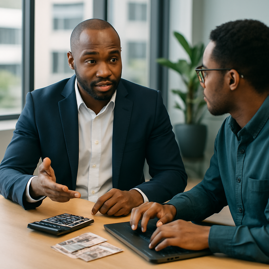 A Nigerian entrepreneur discussing app development costs with a developer, calculator and naira notes on the table