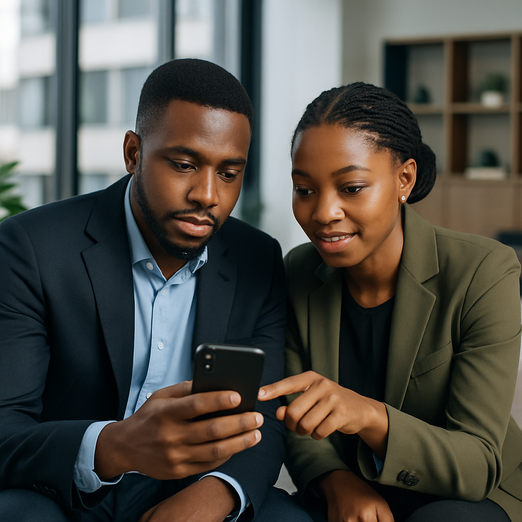 A young Nigerian couple using a mobile phone to book a property viewing through an app in their living room