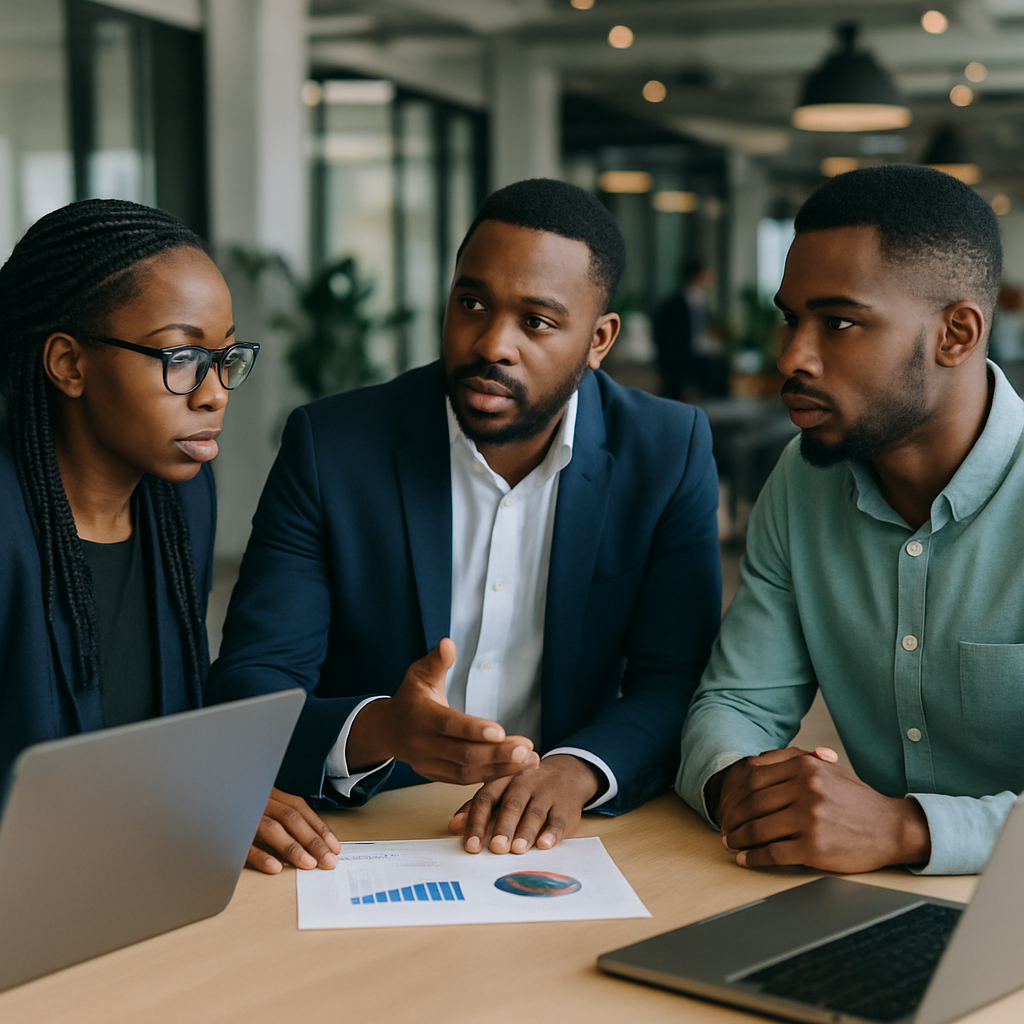App developers and a business owner discussing cost estimates in a modern Abuja tech hub, with charts and laptops open