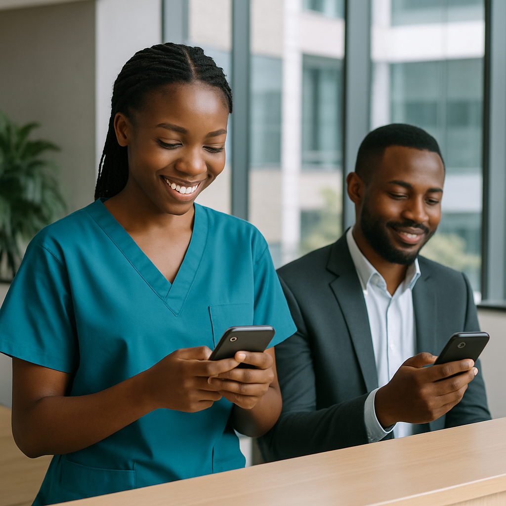 A young Nigerian medical receptionist in scrubs smiling as her phone vibrates with a WhatsApp reminder, while a patient nods with relief at a reminder message on his phone.