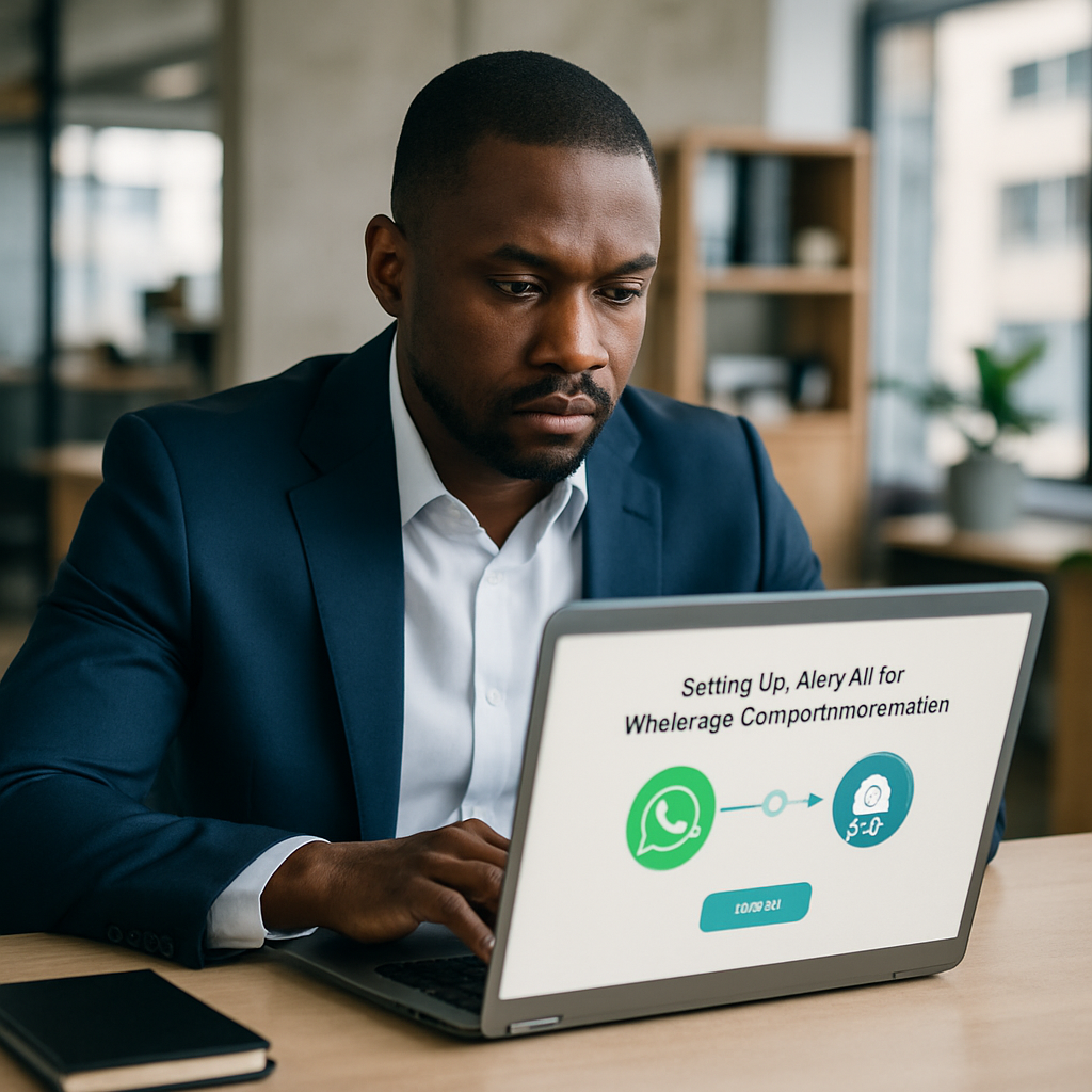 A Nigerian business owner on a laptop, connecting Abby AI to their WhatsApp Business account, with a setup wizard displayed clearly