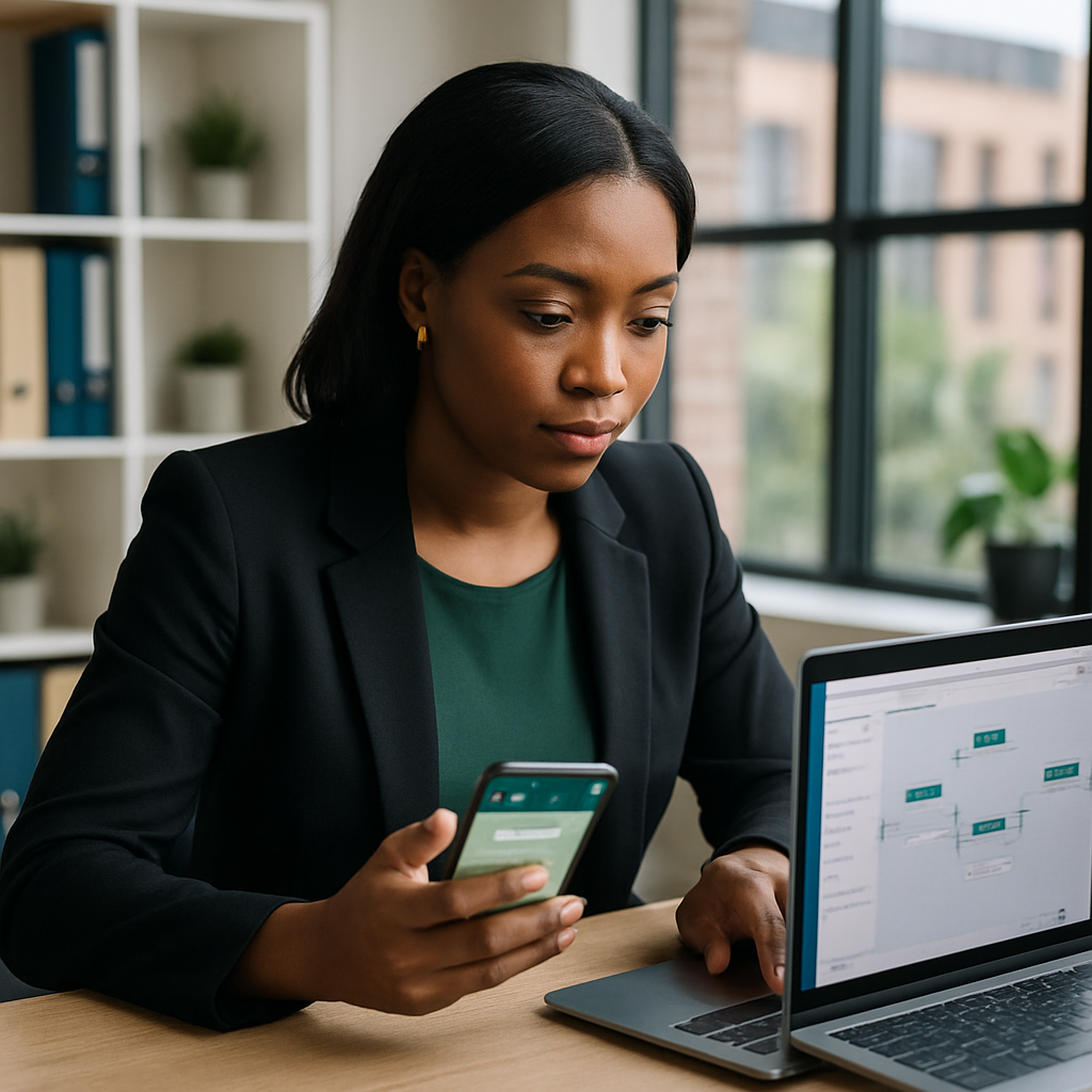 A small business owner in Abuja configuring a WhatsApp chatbot on a laptop while her phone displays incoming customer messages
