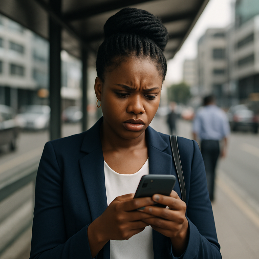A frustrated Nigerian customer at a bus stop, looking at her phone after waiting too long for a WhatsApp reply
