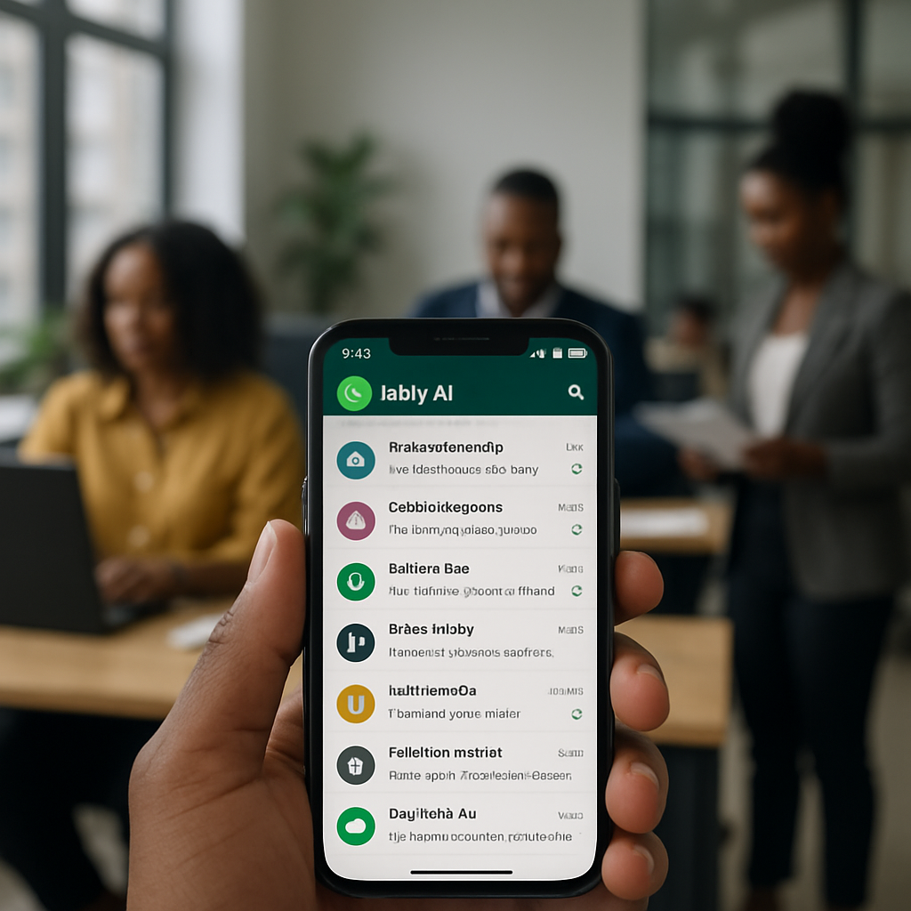 Abby AI’s WhatsApp interface on a smartphone, with multiple customer conversations visible and different business types in the background