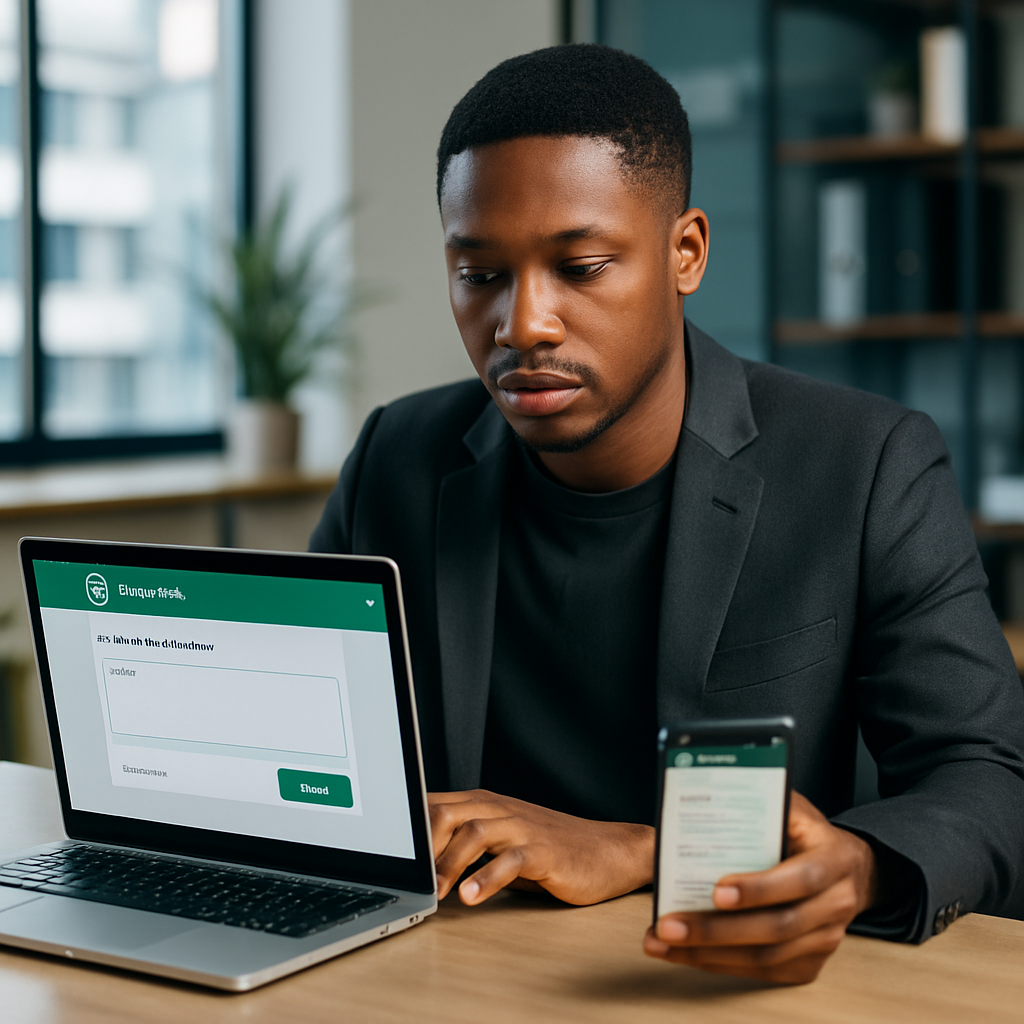 A Nigerian SME owner at their desk, setting up WhatsApp reminders on a laptop with a phone beside them displaying WhatsApp messages