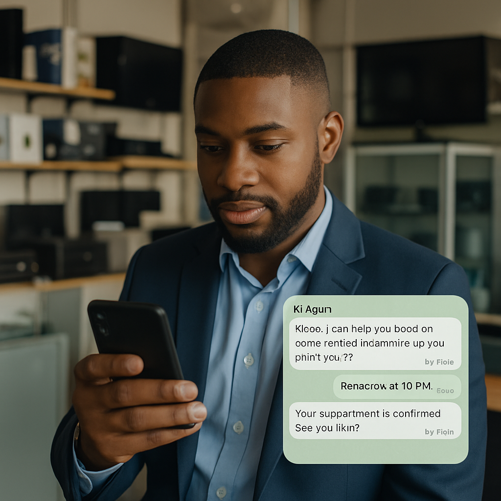 A Nigerian entrepreneur in a small electronics shop, watching a WhatsApp chat as an AI agent automatically books an appointment with a customer on his phone