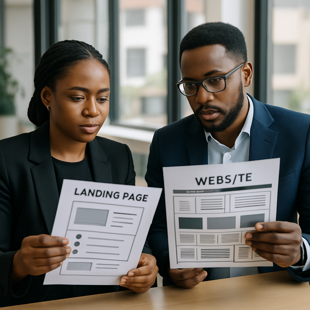 Two entrepreneurs in Abuja comparing printed mockups of a single landing page and a detailed website, weighing their business options