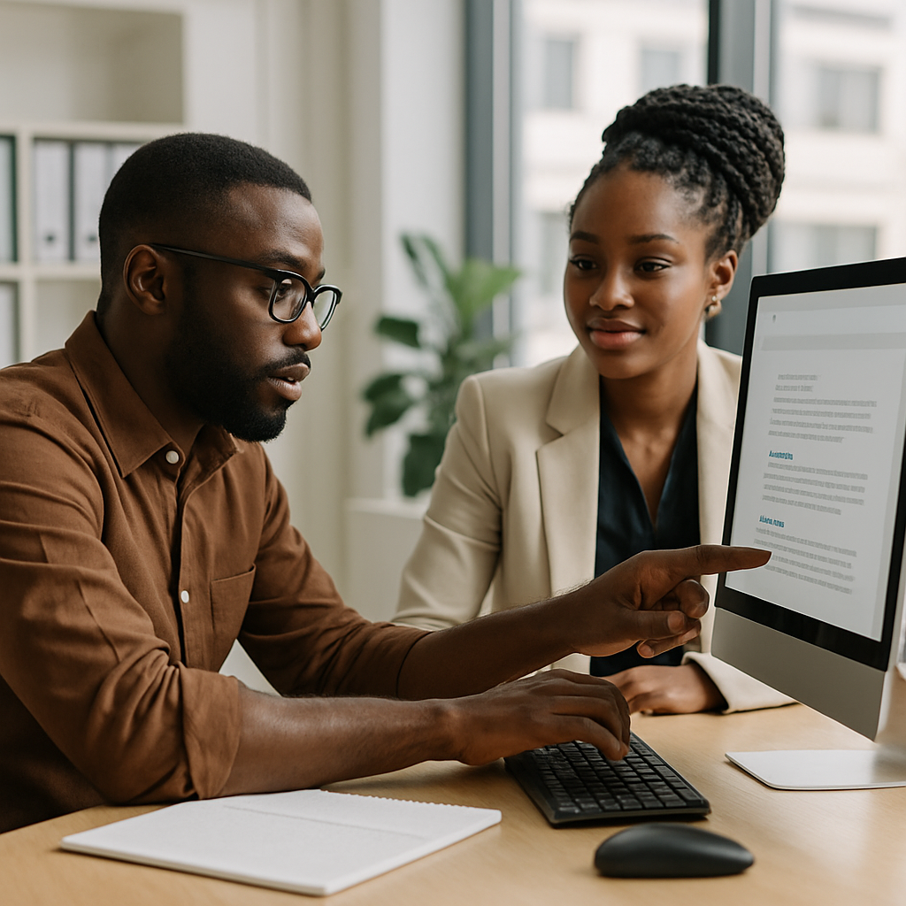 A Nigerian copywriter sitting beside a business owner, editing website copy together on a desktop computer in a bright, modern office
