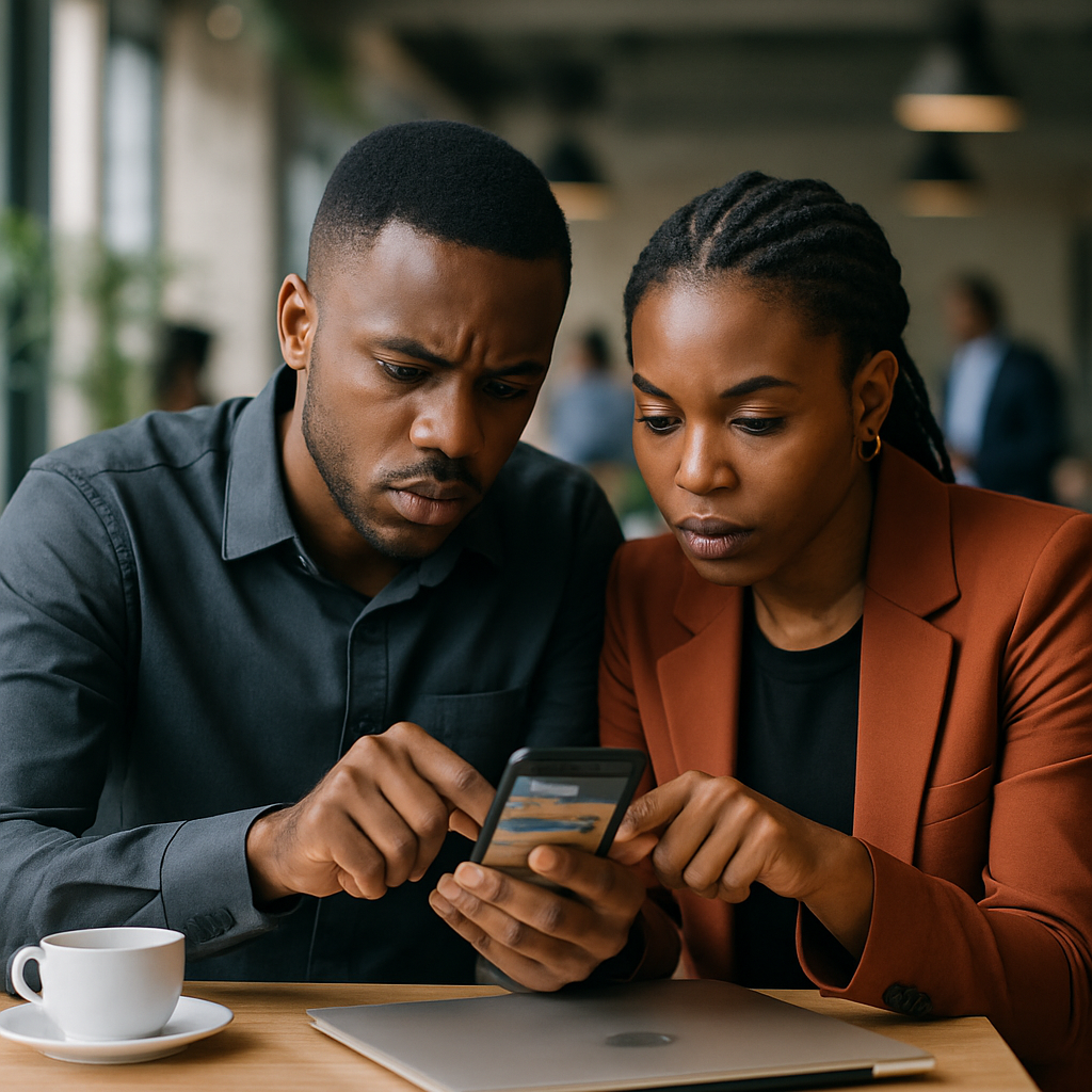 Young Nigerian customers in a cafe, trying to tap menu buttons on a cluttered business website using their thumbs.