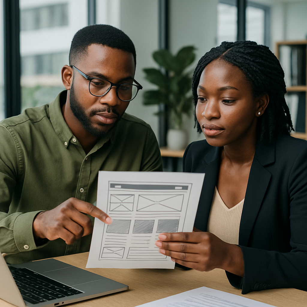 A web designer and a businesswoman in Port Harcourt discussing a website layout printed on paper over a laptop