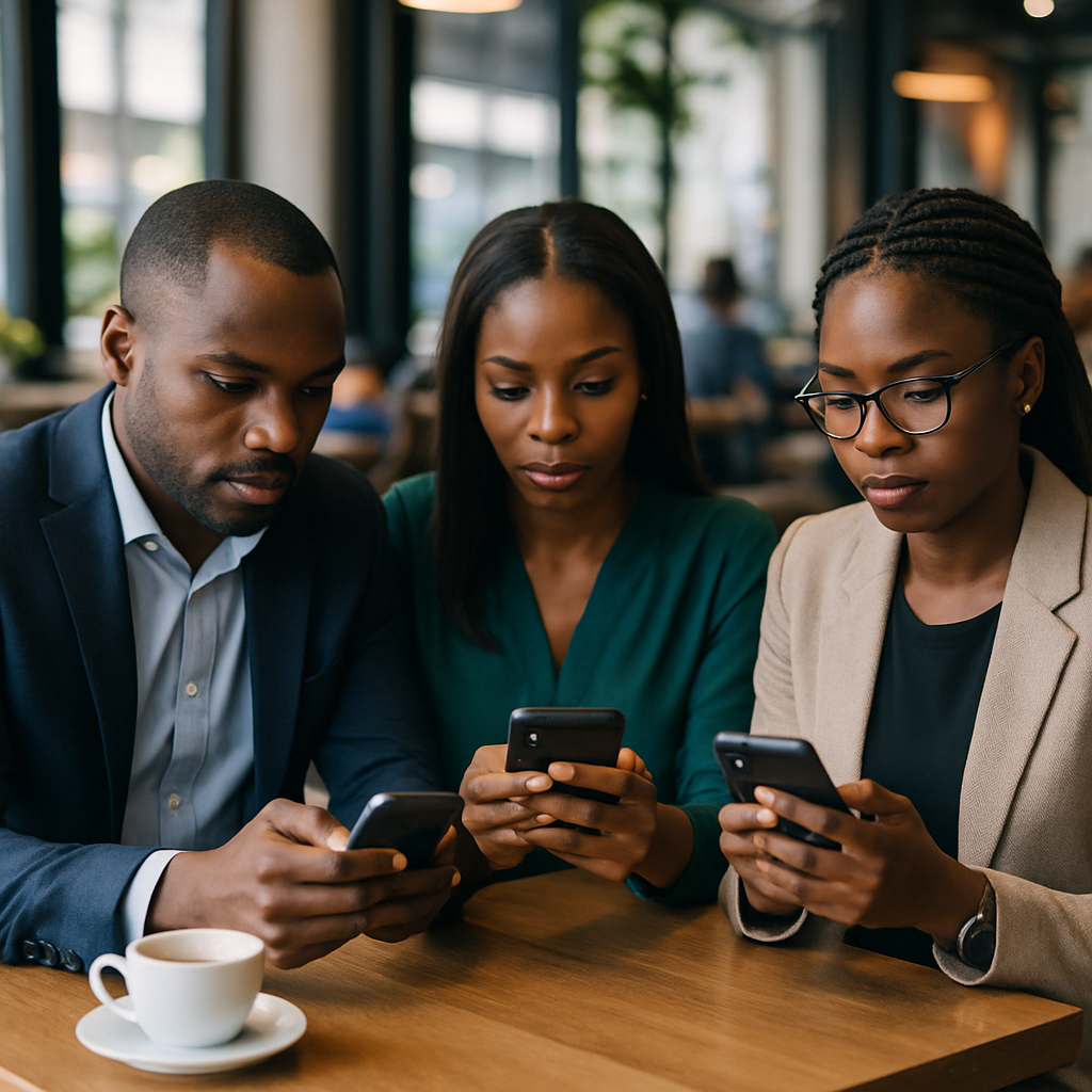 Nigerian customers in a café reading online reviews on their phones before placing an order
