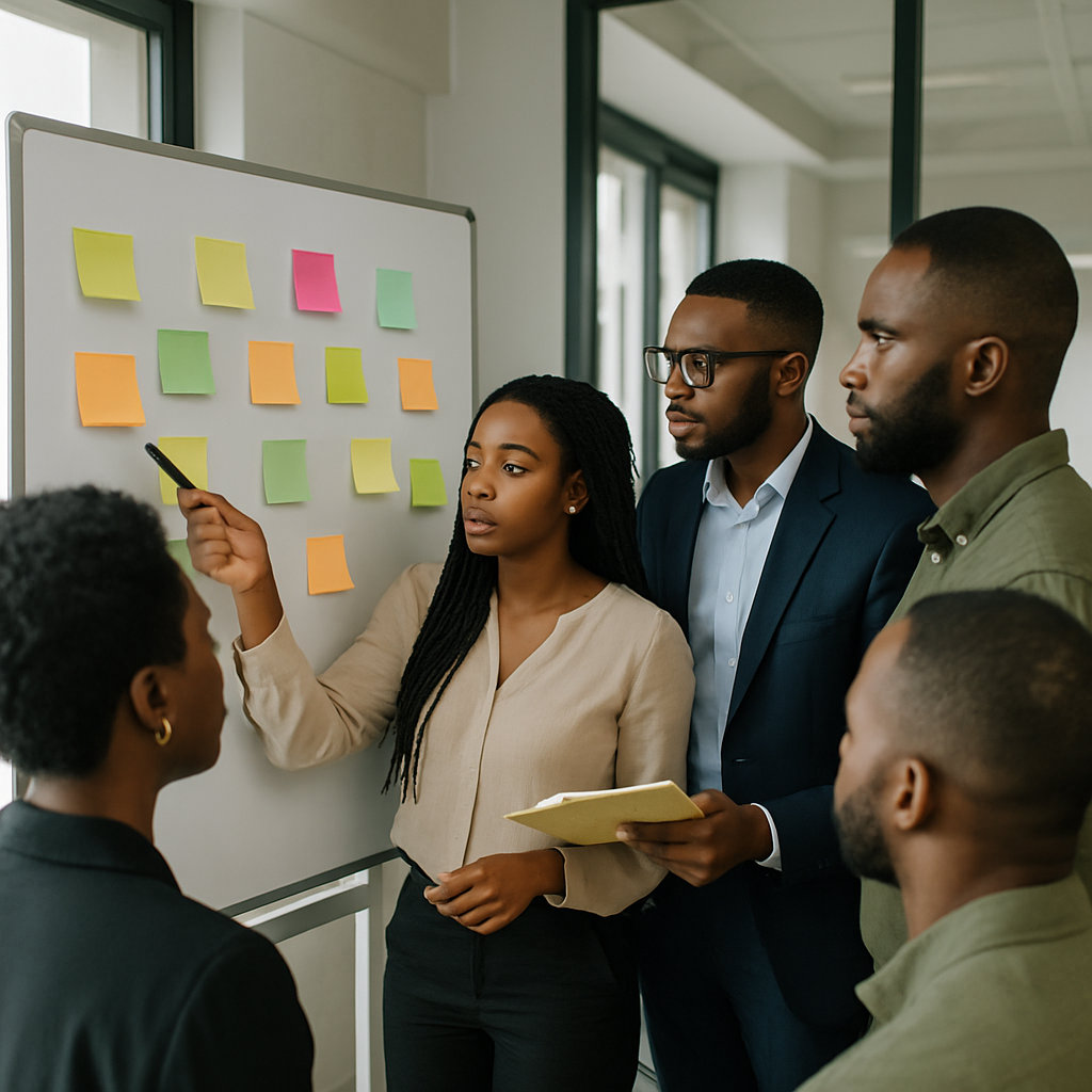A small team of content creators in Abuja brainstorming blog topics around a whiteboard covered in post-its