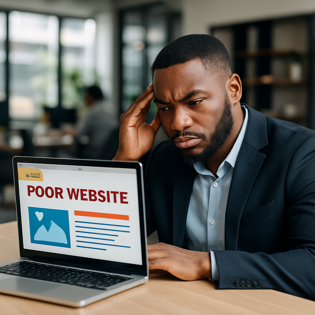 A Nigerian web designer and SME owner reviewing a poorly designed website on a laptop in a modern workspace
