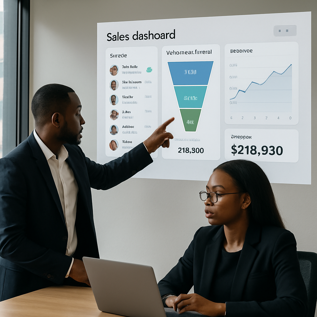 Two Nigerian entrepreneurs examining a sales dashboard with WhatsApp conversations, conversion funnels, and revenue graphs on a projector