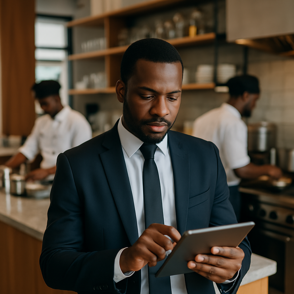 A Lagos restaurant manager using a tablet to respond to a Google review while kitchen staff prepare food in the background