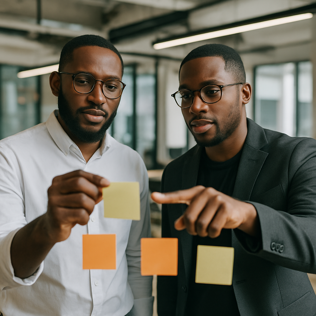 Two Nigerian fintech founders brainstorming app features on sticky notes in a co-working space