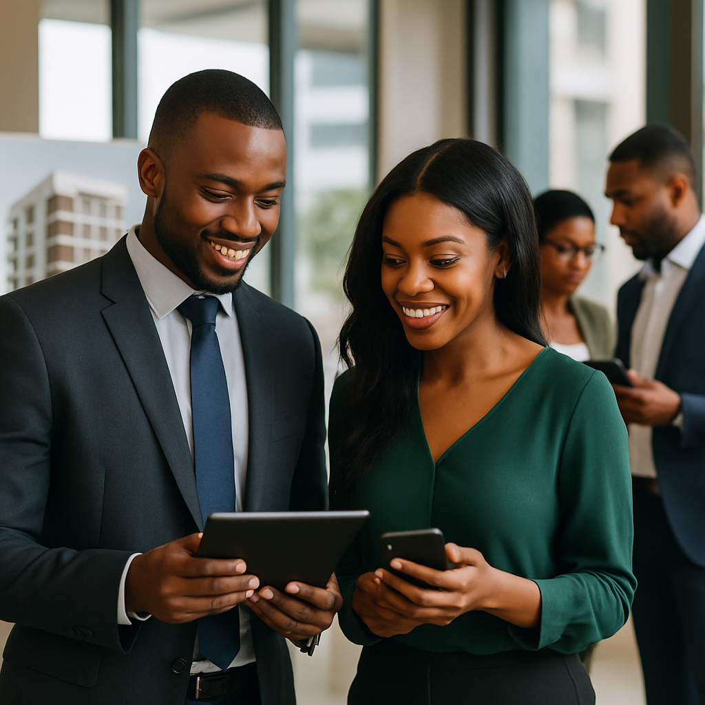 Real estate agents at a Nigerian property showcase event engaging with clients using tablets and smartphones