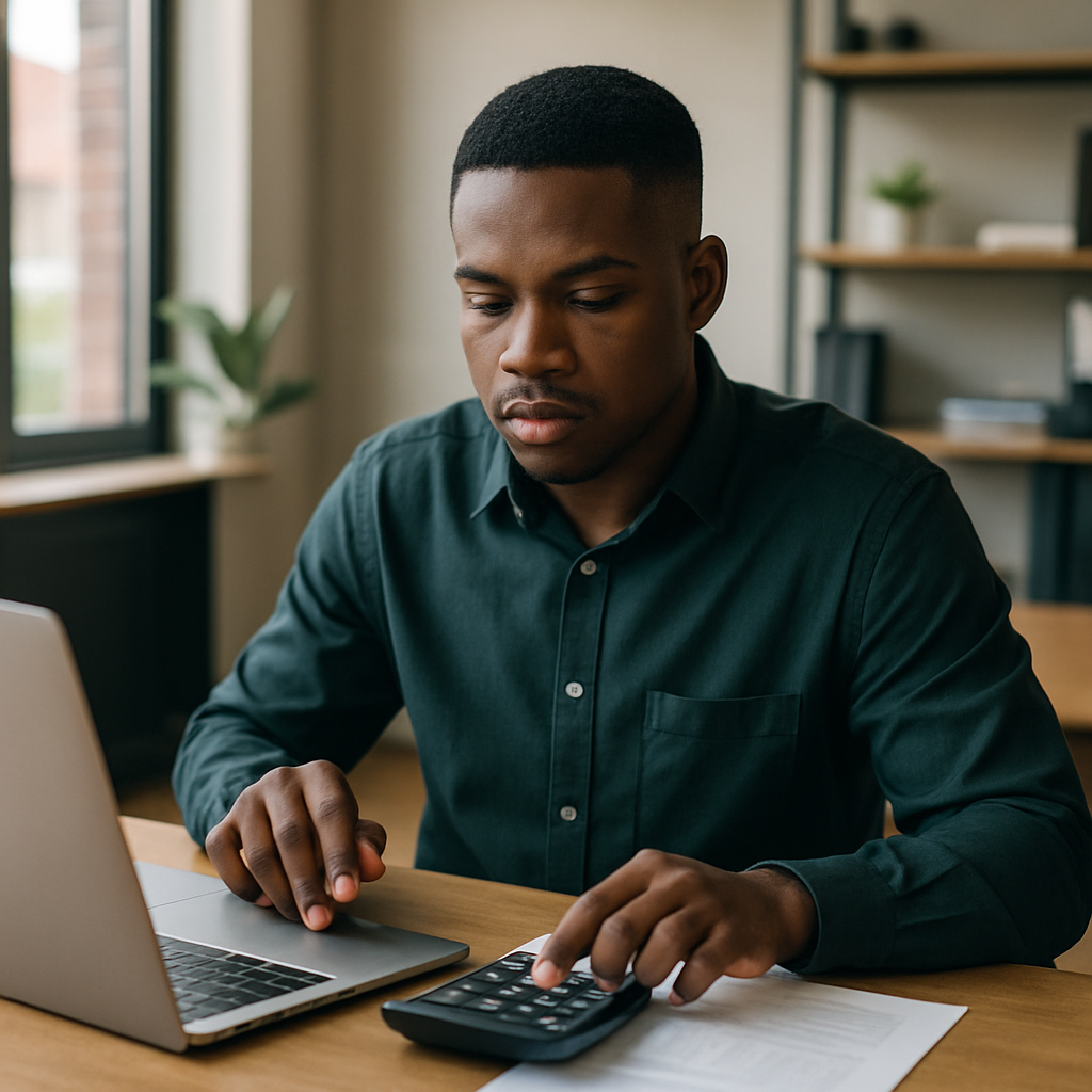 A young Nigerian entrepreneur using a calculator and laptop to compare app development quotes in a cozy workspace