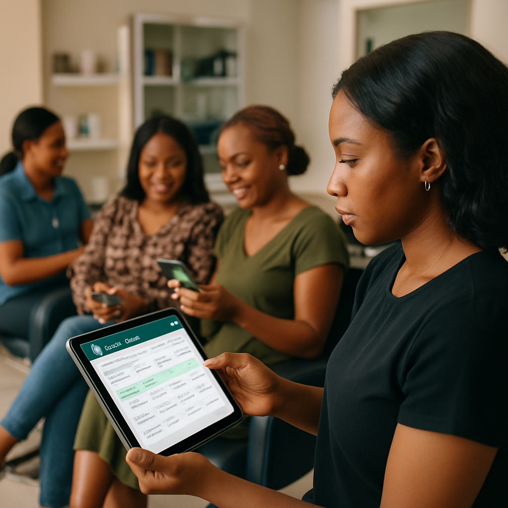 A busy Abuja beauty parlour owner viewing a WhatsApp booking dashboard on a tablet, while clients chat and receive booking confirmations on their phones.