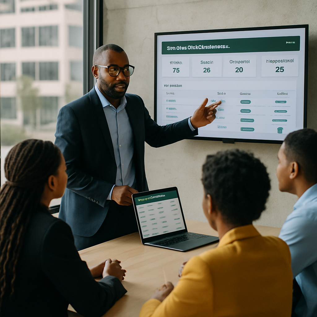 A team lead in a Nigerian digital marketing agency reviewing a WhatsApp lead qualification dashboard with team members